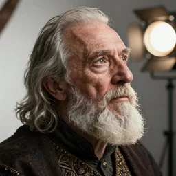 portrait of an old, medieval alchemist in the dark, he is looking into the distance thoughtfully!!. close up, kubrick stare, studio lighting bright ambient lighting key light, fantasy, detailed, photorealistic portrait by michael komarck, greg rutkowski, victo ngai, artgerm and j. dickenson