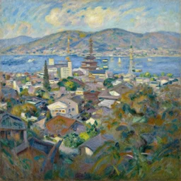 a beautiful japanese city near the sea, 1 0 % cyberpunk, year 1 9 2 0, oil painting in impressionist style, by monet, by berthe morisot, by makoto shinkai, multiple brush strokes, inspired by ghibli and makoto shinkai, masterpiece