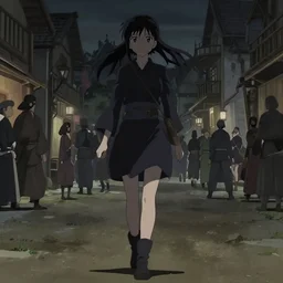 anime visual, portrait of a young female walking through a busy medieval village, face by yoh yoshinari, murata range, last exile, blue submarine no 6, dynamic pose, muted colors, dynamic perspective, detailed silhouette, cel shaded anime, at night