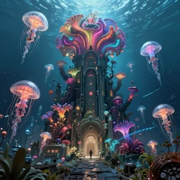 high quality photo of cinematic underwater dystopian cyber - rococo city ruins with giant bioluminescent colorful mutant plants and cyborg jellyfish, digital art masterpiece, aykut aydogdu eric zener, dramatic volumetric light, extreme long shot, ground angle uhd 8 k, deep focus