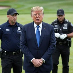 arrested senior man with facial features like Donald Trump taken away by FBI at golf course, photo, high quality