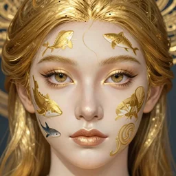 realistic detailed face of the beautiful mermaid with a tiger shark by alphonse mucha, ayami kojima, amano, greg hildebrandt, mark brooks, and ernst haeckel, golden ratio, art nouveau, neo - gothic, gothic, neoclassical,