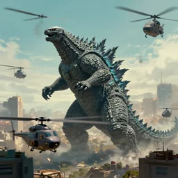 godzilla attacking helicopters in the city, concept art, digital painting, trending on artstation, deviantart, epic composition, extremely detailed, ambient lighting, masterpiece, sharp focus, octane render