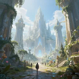 ins an etheral aether elven city with people walking around, highly detailed, 4k, HDR, award-winning, octane render, trending on artstation, volumetric lighting