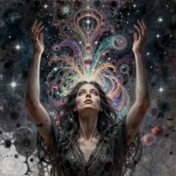 an extremely high quality hd, a digital painting of a woman with her hands in the air, digital art by clint cearley, featured on zbrush central, metaphysical painting, lovecraftian, fractalism, cosmic horror, 8 k, ultra realistic, very realistic