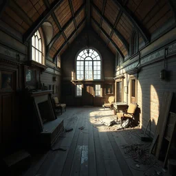 the interior of an abandoned house, style artstation, style greg rutkowsk, comic art book,, octane render, unreal engine 6, epic game graphics, fantasy, post - apocaliptic