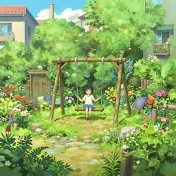 a beautiful little garden in the residential area, with a swing on the open space, illustration concept art anime key visual trending pixiv fanbox by wlop and greg rutkowski and makoto shinkai and studio ghibli