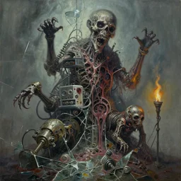 oil paint of fractured glass, 1 1 horrifying machines as autolysis, disgusting, tiered medical equipment, dethroning melee, by wayne d barlowe, boris vallejo, stefano tamburini, torch light, muted colors, epic, hyper detailed, awe inspiring, award winning horror, hyper realism, cinematic