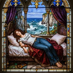 a hyperdetailed stained glass window of yennefer as a goth princess asleep on a bed in a tower, t shirt and jeans from hot topic, sleeping princess!!!, window that overlooking cliffs and crashing waves in the background, highly detailed, deep focus, elegant, digital painting, sharp focus, ultra realistic, 8 k, art by greg rutkowski and rembrandt and alphonse mucha