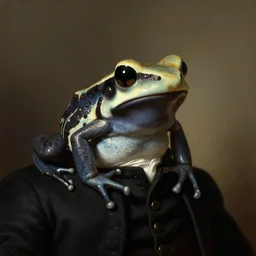a head - and - shoulders portrait of an amazon milk frog wearing a black - colored buttoned waistcoat, a portrait painting by john trumbull, trending on artstation, american romanticism, artstation hd