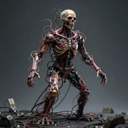human figure consumed by wires and machinery, scary, body horror, human bodies, disturbing, weird, creepy, 4K