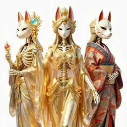 3 d goddess skeleton intricately carved and decorated, draped in diaphanous gilded fabric, holding a scepter with glowing gems + beautiful intricately detailed + ornamented japanese crow kitsune mask and kimono!, transcendent, vibrant color, clean linework, rule of thirds, finely detailed, 4 k, trending on artstation, volumetric lighting, octane render
