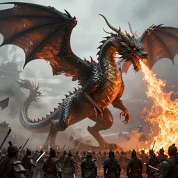 a massive mythological dragon with no arms and two legs a long tail, blowing out fire into an opposing army