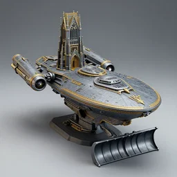 3d render of star trek uss enterprise ncc-1701-d as an ominous wwii warhammer bfg imperium battlecruiser in space decorated with gothic cathedral ornamentation, golden accents, and a big snowplow at the front of the ship, painted miniature with nacelles and saucer section