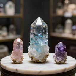 5 5 mm photo, of freshly big colored quartz on a marble table in a store. dof. bokeh. magical dark atmosphere. art by greg rutkowski. highly detailed 8 k. intricate. lifelike. soft light. nikon d 8 5 0.