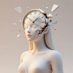 surreal futuristic 3 d render of a beautiful mysterious woman with a clock head splintering into shards, white warm color theme, in the style of beeple