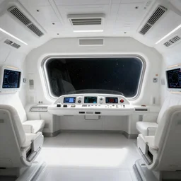 flight deck inside a sci-fi spaceship escape pod that is haunted. clean white interior, large window to view outer space, raytraced, highly detailed, z-brush, corona render, 4k