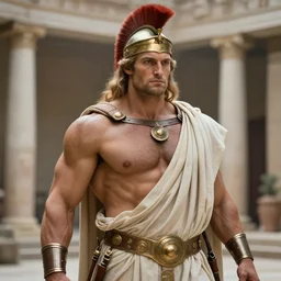 ancient spartan gigachad hero in ancient courtyard, wearing a toga, herculean bulging muscular figure, beautiful gigachad, soft lighting, highly detailed face!!, sharp focus, artstation, sophie anderson, arnold armitage, loish, thomas kinkade