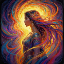 side profile centered painted portrait, maya ali as a wind sorceress, d & d, gloomhaven, matte painting concept art, art nouveau, beautifully backlit, swirly vibrant color lines, fantastically gaudy, aesthetic octane render, 8 k hd resolution, by ilya kuvshinov and cushart krentz and gilleard james