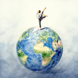 small figure of a man dancing on top of planet earth, watercolor painting by an award winning comic artist has a beautiful composition and intricate details