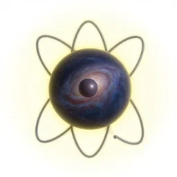 atom, orbits, orbitals, galaxy, stars, spherical, yellow outer glow