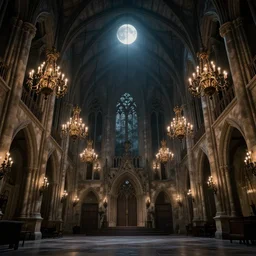 large gothic hall with large chandeliers under the ceiling, horror movie, moonlight, artstation, detailed, adventure pulp aestetics