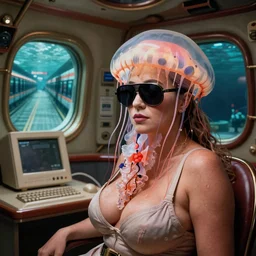 closeup view of a mature voluptuous female jellyfish human hybrid wearing discowear and visor shades, inside of an unlit 1950s luxury treehouse with a soviet computer console and a large portal on the wall displaying NewYork subway station that is underwater, ektachrome photograph, volumetric lighting, 35mm f8 aperture