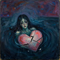despair, drowning, alone, a shattered broken empty heart, the weeping visage of a longing dreamer in desolate depths, cosmic void, abyssal depths, art nouveau art deco, vibrant dark emotional composition, dark pastel palette, rough textures, inspired by jackson pollock and edvard munch and rebecca guay