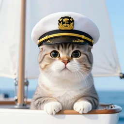 cat wearing a captain's hat on a sail boat