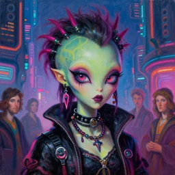 close up portrait of a cute punk goth alien martian fashion girl in a fluorescent cyberpunk futuristic city, oil painting by canaletto hieronymus bosh leonardo da vinci piero della francesca botticelli