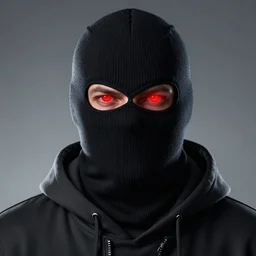 a highly detailed headshot portrait of a man wearing a balaclava with a hoodie with glowing red eyes concept art