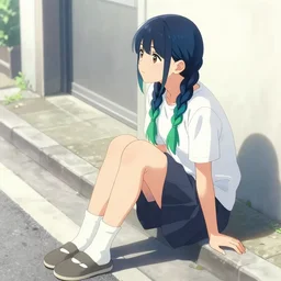 concept art, girl sitting on street, looking away, braids blue and green, singular, junichi higashi, isamu imakake, intricate, balance, ultra detailed, watercolor, full far frontal portrait, volumetric lighting, cinematic lighting + masterpiece,
