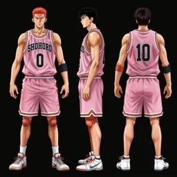 anime model sheet of a cyborg basketball player by studio trigger, front view, side view, 3/4 view, back view, expressions