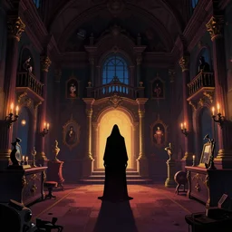 dark shop interior at night with cultist figure standing at center, illustration in style of mansion of madness, smooth at edges and sharp at center, colorfull, digital art, by John Pacer