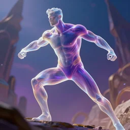 translucent realistic slim muscular superhero in battle, fantasy digital art, vivid color style artstation, style greg rutkowski and frank frazetta, octane render, unreal engine 6, epic game graphics, fantasy, conceptual art, ray tracing