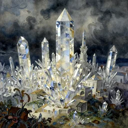 alchemy city, by beksinski, by ernst haeckel, shiny crystalline, watercolor