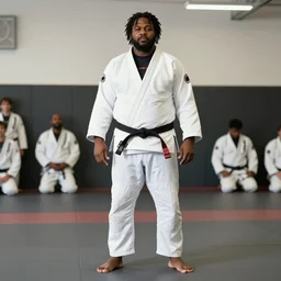 overweight black jiu jitsu practitioner with dreadlocks wearing a white gi in a martial arts school, black man, standing full shot