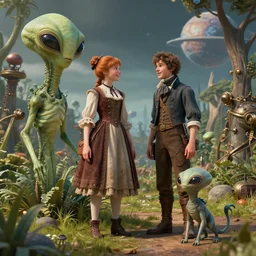 detailed, sharp, a girl and a boy standing next to some alien plants, looking happy, wearing 1800s era clothes, their small pet alien creature is standing nearby, in a park on an alien planet, steampunk, extremely highly detailed, hyperrealistic, octane render, 8k, HD, good lighting