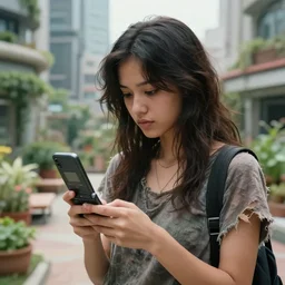 candid photographic portrait of a poor techwear mixed young woman using a flip phone inside a dystopian city, closeup, beautiful garden terraces in the background, sigma 85mm f/1.4, 4k, depth of field, high resolution, 4k, 8k, hd, full color