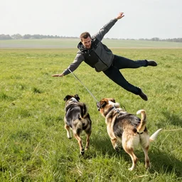a man falling over in a field as his dogs pull him on a leash