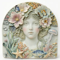 hyperrealistic detailed portrait of a ceramic transparent young girl, with flowers, butterflies, corals, sea kelp, sea plants, fish, starfish, jellyfish, diamonds, filaments, golden filigree, dark lines, art by ernst haeckel, john william godward, hammershøi, alphons mucha, ornamental, pastel soft colours