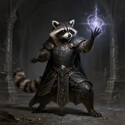 anthropomorphic royal warlock raccoon casting a spell in a dungeon, dark souls, d & d, fantasy, intricate, action pose, elegant, highly detailed, digital painting, artstation, concept art, matte, sharp focus, illustration, hearthstone, art by artgerm, wlop, greg rutkowski and alphonse mucha