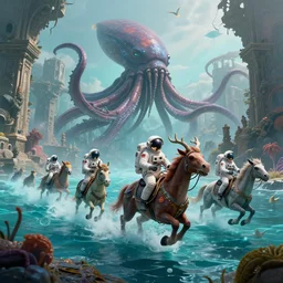 Astronauts are riding some mythical animals and they are swimming under a sea, this is an extravagant planet with wacky wildlife, the giant kraken is behind them, the background is full of ancient ruins, by Jordan Grimmer digital art, trending on Artstation,