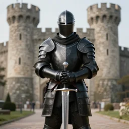 knight in black armour posing while holding a detailed silver sword standing in front of castle, focused, in frame, high resolution, realistic, 8 k hyper real, rtx, unreal engine 5
