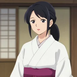 an anime styled image of a woman dressed in a white yukata, her hair pulled back in a pony tail.