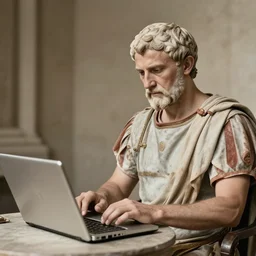 old photo of Roman emperor using a laptop computer