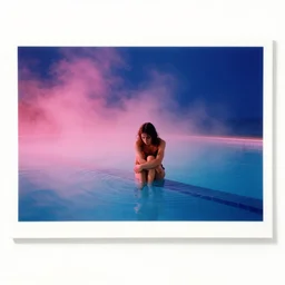 sad people, the vintage swimming pools, pink fog, deep blue mood, colorful, contemporary archival color photograph print from the original negative, by stanley kubrick