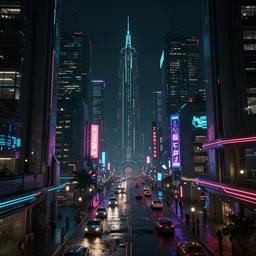A magnificent dark neon futuristic cyberpunk city bustling street at night made in cinema4d, hyper realistic, extreme details, cinematic