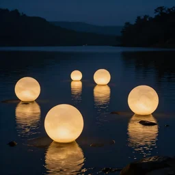 glowing orbs over a lake in the night, wet rocks