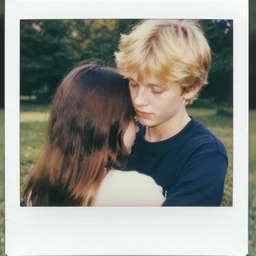 blond boy hugging a brunette girl with straight hair, in a park, Polaroid, Closeup, Closeup-View, Octane render, Unreal Engine